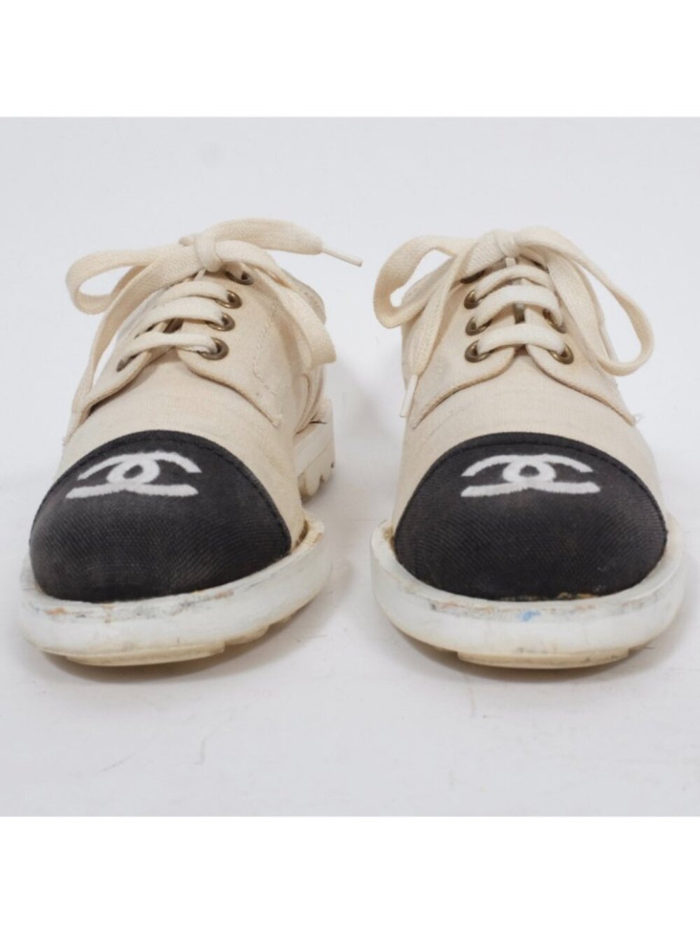 CHANEL shoes 38 US 8 lace up canvas CC logo toecap cream black - Picture 4 of 10